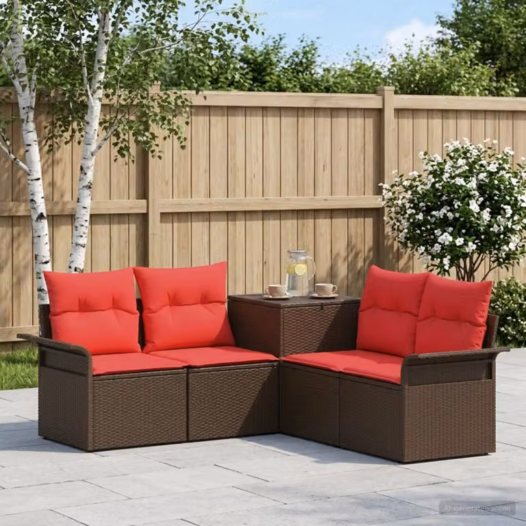 Set di divani da giardino vidaXL in rattan e acciaio con cuscini marroni e rossi