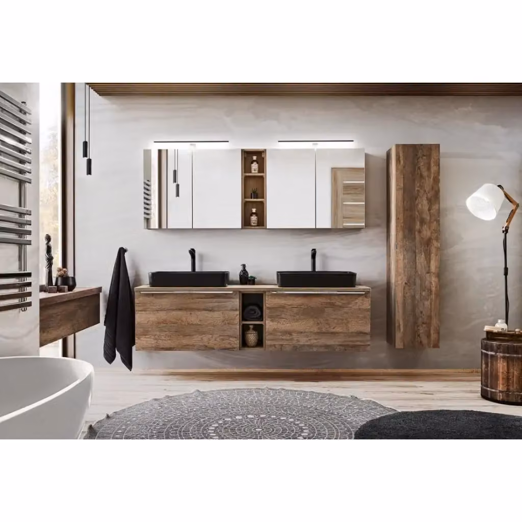 Set da bagno VANTA Meublorama in rovere con mobile sottolavabo, piano e 2 lavabi neri da appoggio, L: 180 cm – 2