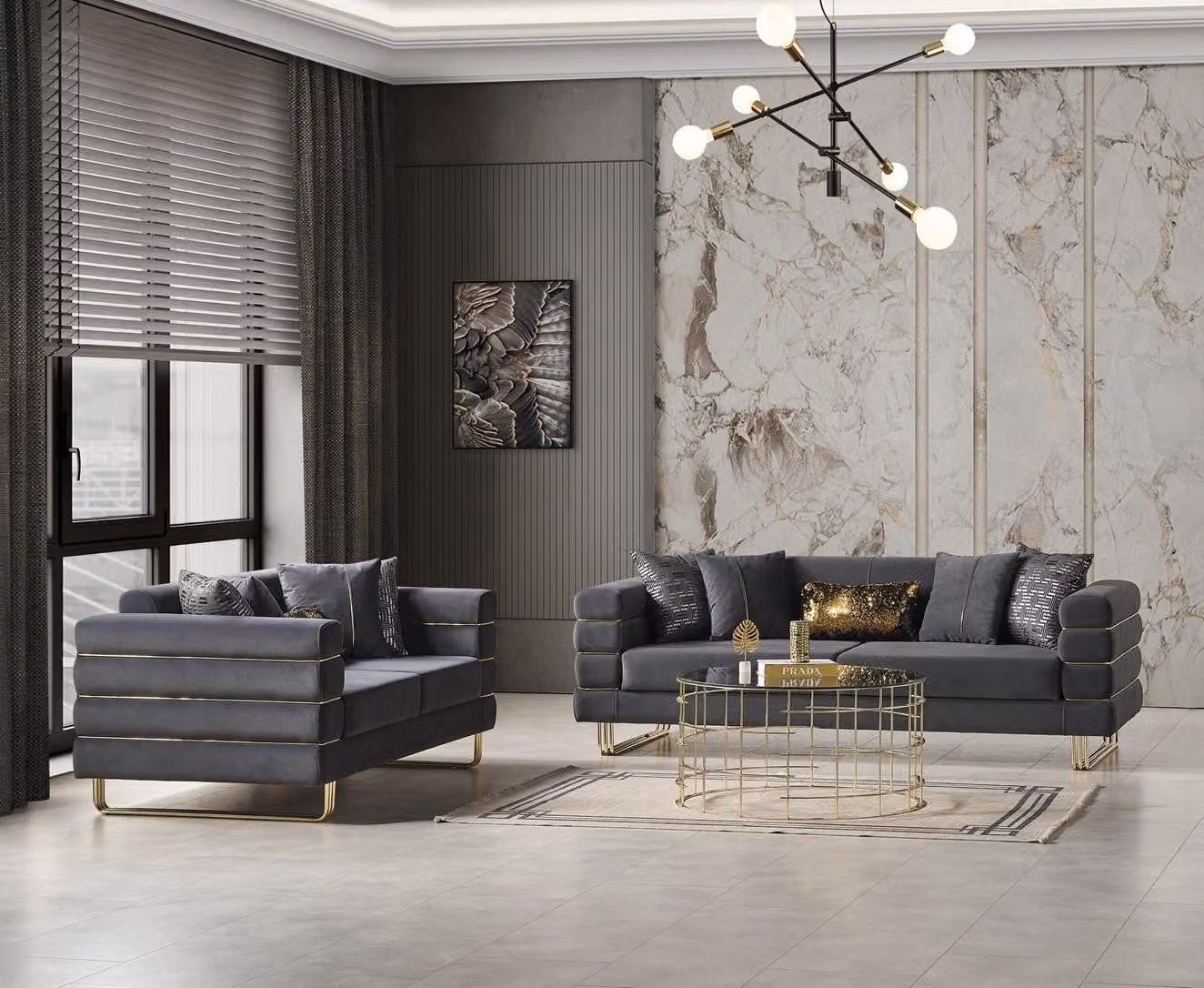 Luxuriöse Wohnzimmer 2x 3-Sitzer Sofas Grau Polster Couchen Sitzmöbel Modern