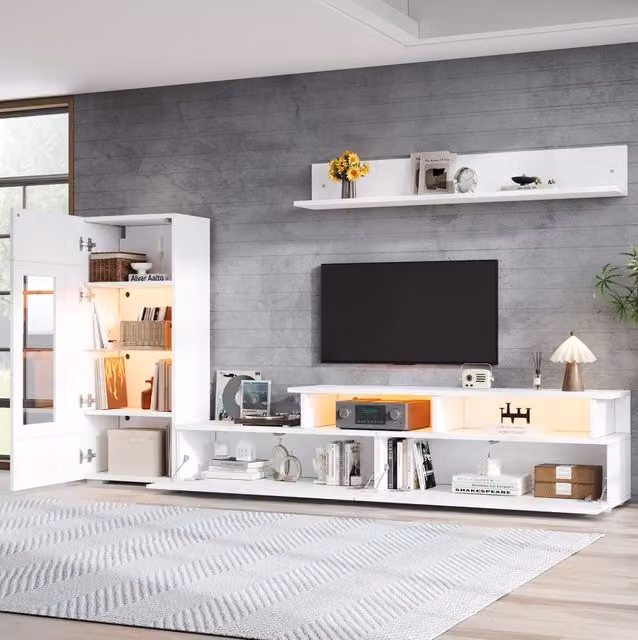 Parete attrezzata soggiorno 3 pezzi con LED; TV 170 cm; frontali lucidi; bianco
