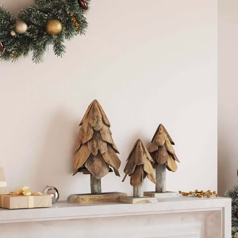 Albero di Natale vidaXL in legno di teak massello, 3 pezzi, Marrone, Altezza: 40 cm