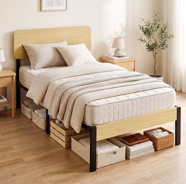 Letto contenitore 90x200 cm effetto legno naturale con testiera e spazio contenitore, senza materasso