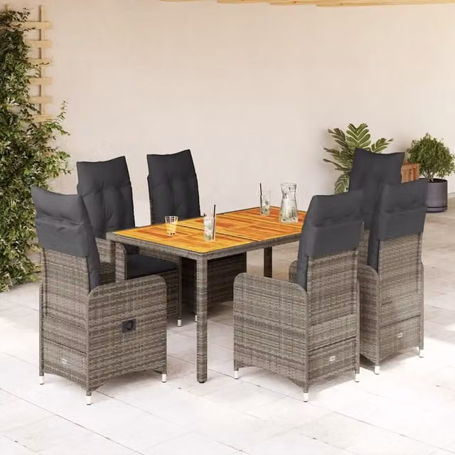 Set Bistrò da Giardino vidaXL in Polyrattan e Legno di Acacia Grigio con 7 Pezzi
