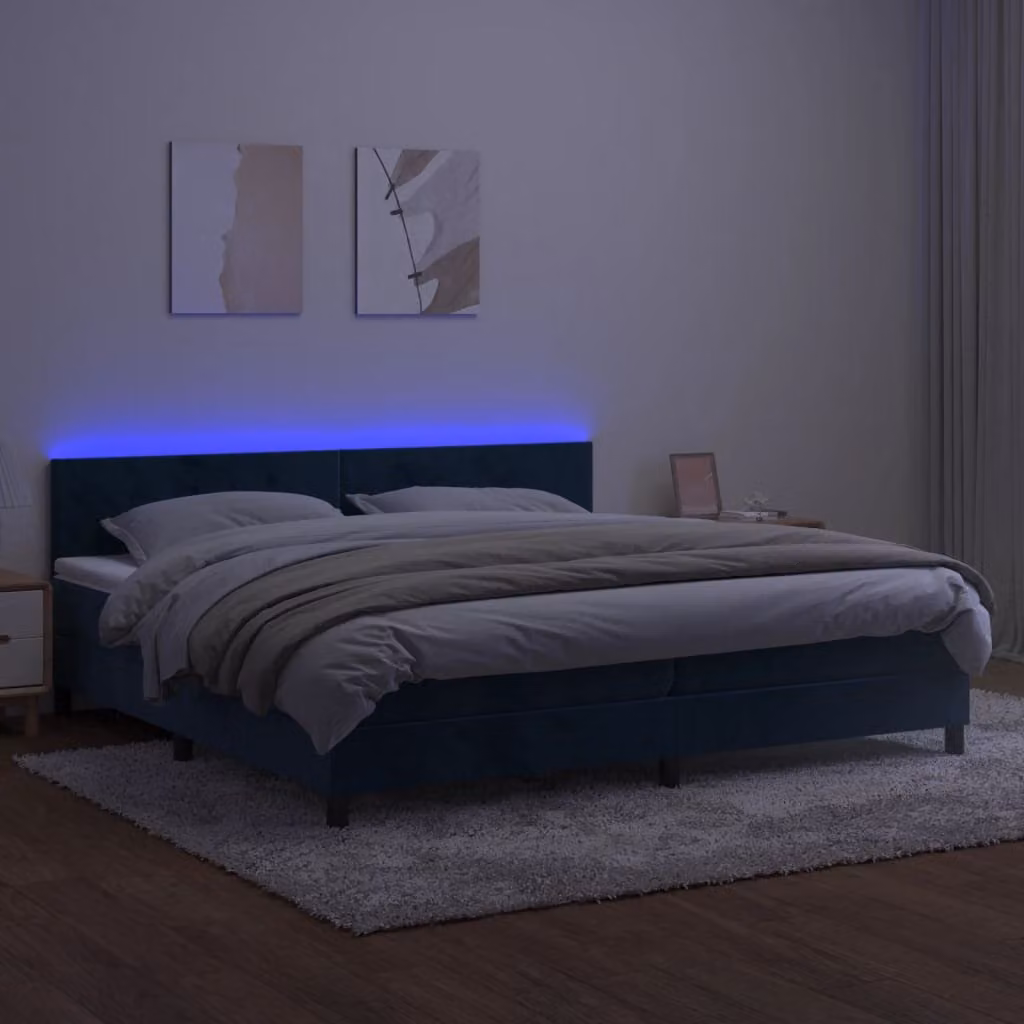 vidaXL Letto a molle con materasso e LED blu scuro 200x200 cm in velluto - Letto a molle - Letto a molle - Letto - Letti