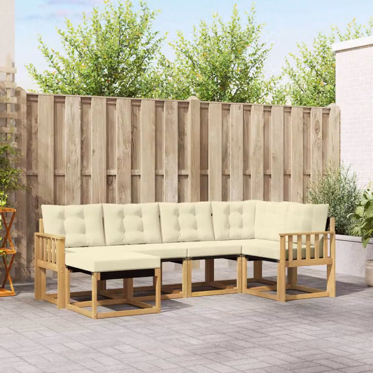 vidaXL Set di divani da esterno a L in legno di acacia con cuscini, Bianco, Beige e Marrone