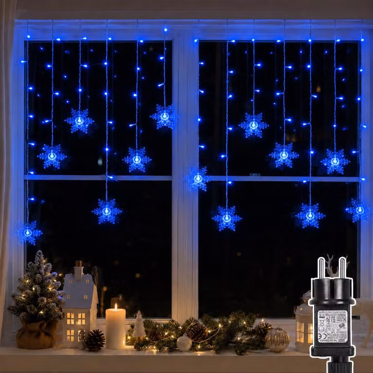 Catena luminosa LED da 1,8 metri, a forma di fiocco di neve, impermeabile, con 8 modalità di illuminazione, ideale per interni, giardino, decorazioni natalizie, colore blu