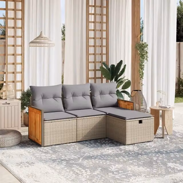 Set Divano da Giardino 4 pz con Cuscini-Sofa da Giardino-Divanetto da esterno Beige Misto Polyrattan 891264