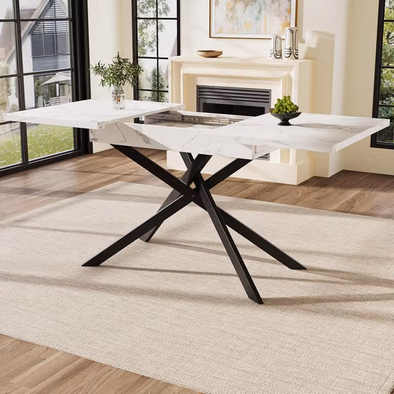 Tavolo da pranzo allungabile, forma rettangolare, dimensioni 120-160x80x76,5 cm, colore bianco, gambe in ferro incrociate