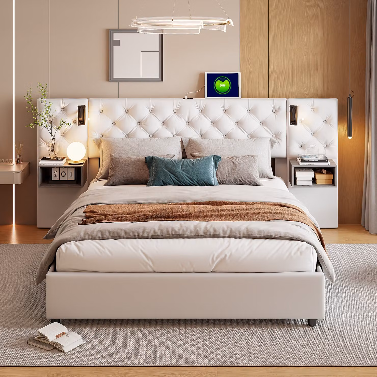 Letto con contenitore per adulti, 140 x 200 cm, con testata, lampada da lettura, porta USB, 2 comodini, rivestimento in velluto, bianco