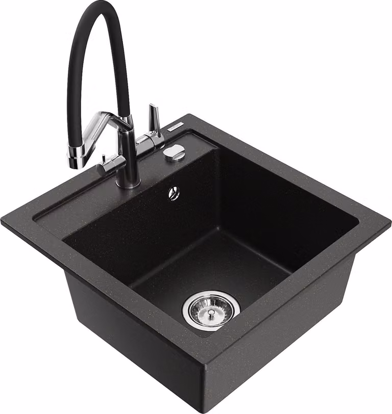 Mexen Vito lavello in granito a 1 vasca con rubinetto da cucina Duo, nero/oro metallico - 6503-75-671701-07