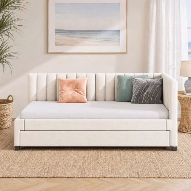 Letto singolo imbottito 90×200 cm beige con letto estraibile e rete a doghe