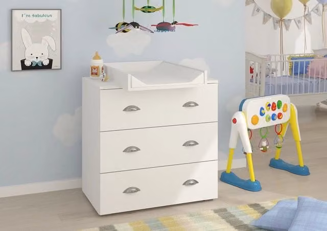 Cassettiera per bambini Bim Furniture MIA con fasciatoio rimovibile, 3 cassetti, Bianco opaco, L 80 cm x P 71,8 cm x H 90 cm