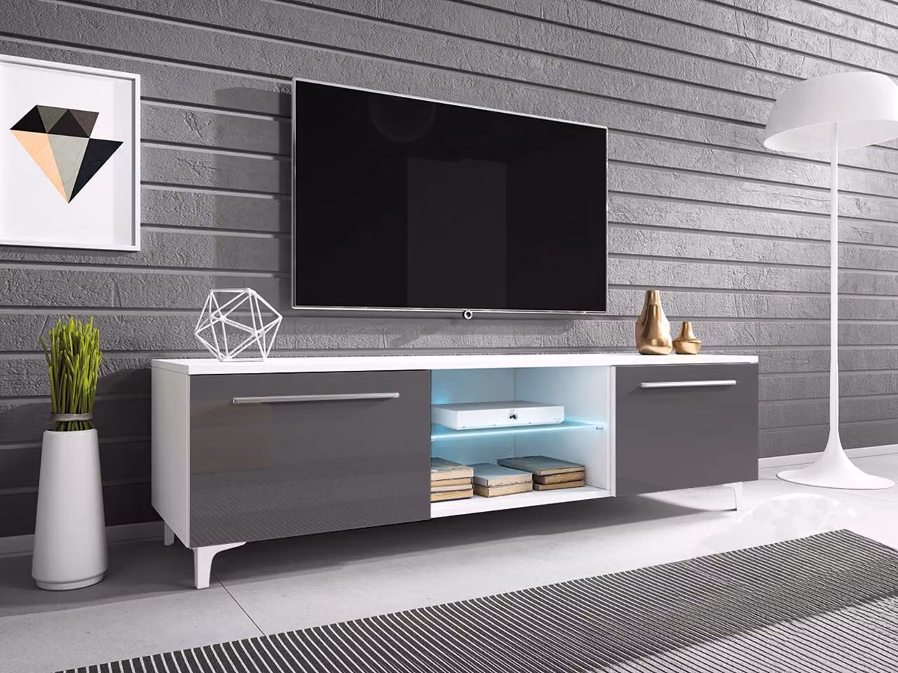 Tavolino per TV su gambe con illuminazione a LED FERNS 13 - bianco / grigio lucido