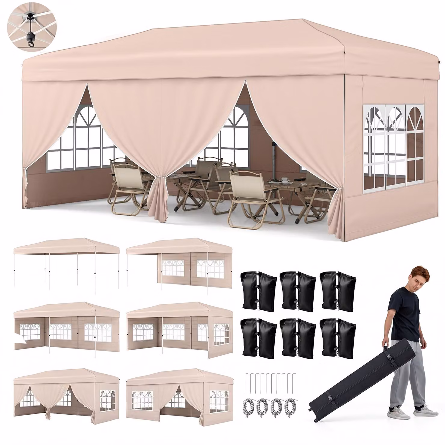 Gazebo COSTWAY 3x6 m, gazebo pieghevole pop-up con struttura in metallo, 6 pareti laterali, 6 sacchi di sabbia, tiranti antivento, picchetti e borsa da trasporto con rotelle