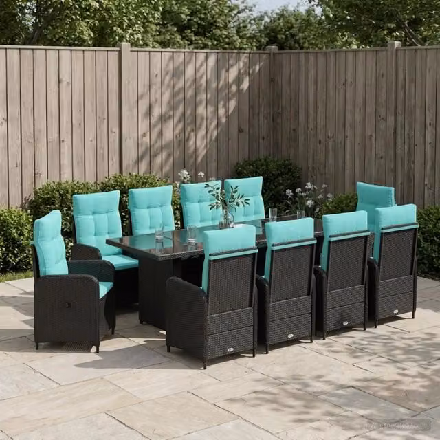 Set da pranzo per esterni vidaXL in polyrattan e legno di acacia, 11 pezzi, Nero e Turchese, L: 240 cm, P: 110 cm, H: 75 cm – 1