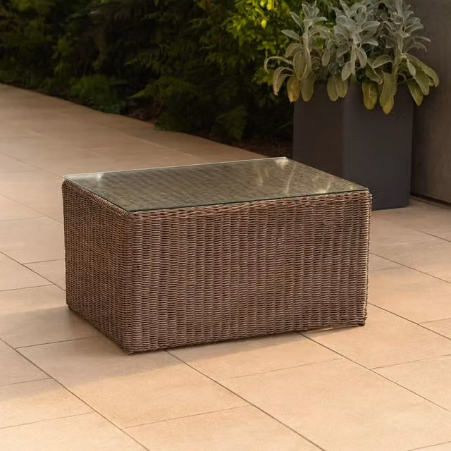 Tavolino da soggiorno Riviera Art-Garden moderno con piano in vetro trasparente e base marrone L: 120 cm, P: 75 cm, H: 41 cm