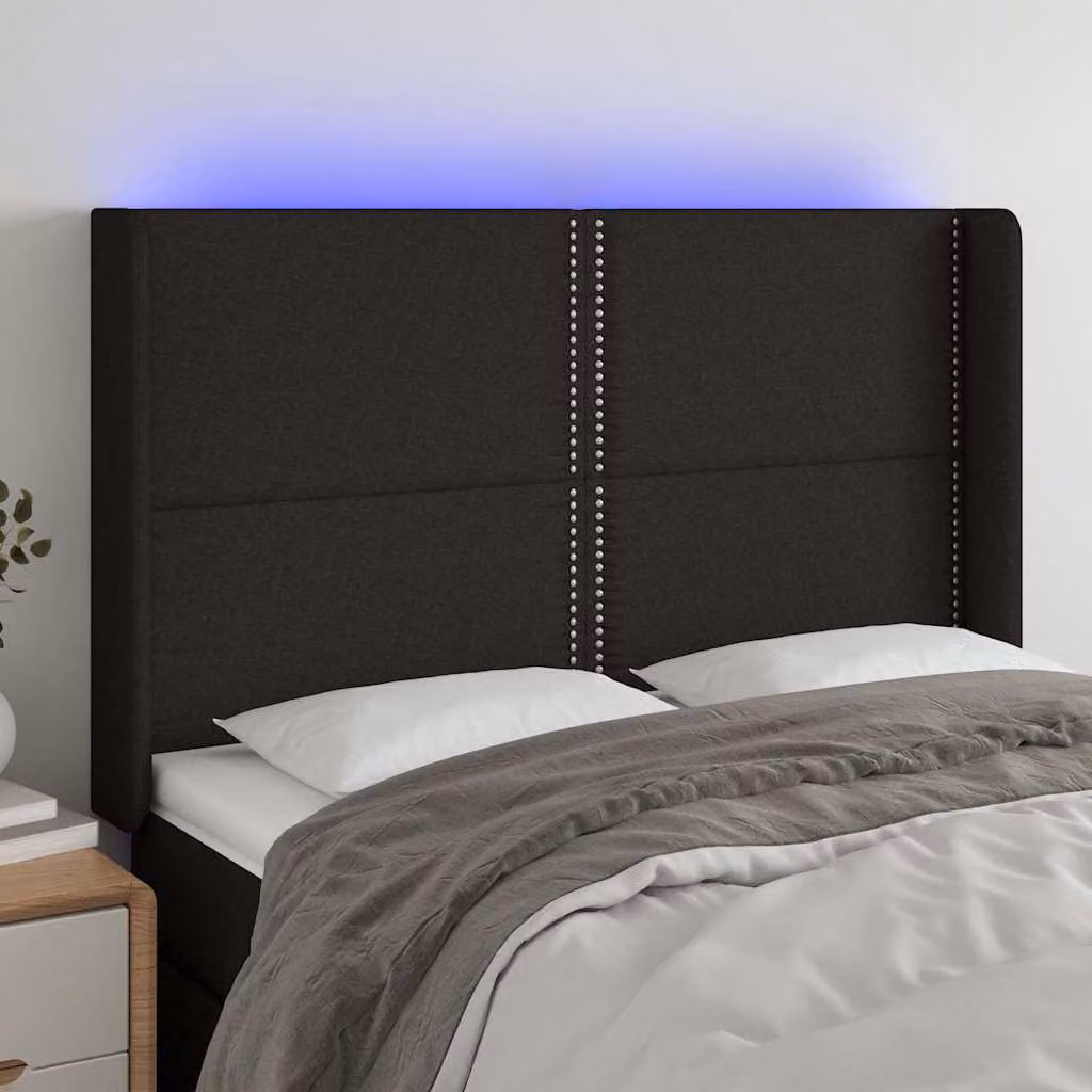 Testiera per letto vidaXL in tessuto nero con illuminazione LED integrata e porta di ricarica USB, L 147 cm, P 16 cm, H 118/128 cm