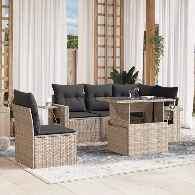 Set Divano da Giardino a L vidaXL in Polyrattan con Cuscini Antracite e Tavolino in Vetro, 6 Pezzi