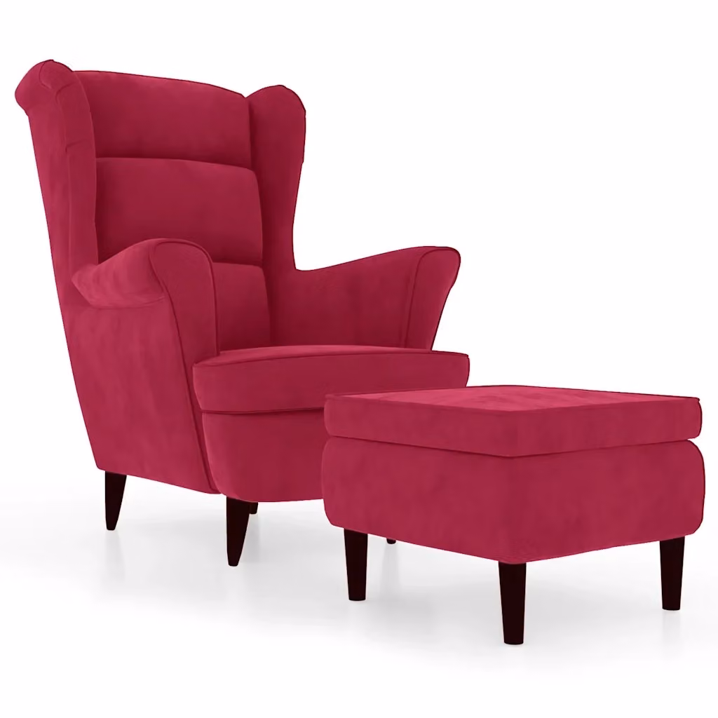 vidaXL Poltrona Schienale ad Ala con Poggiapiedi in Velluto Rosso, L: 96,5 cm, P: 78,0 cm, H: 90,0 cm – 2