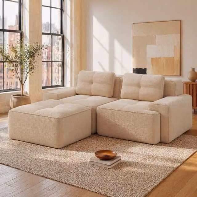 Divano modulare L 204x177x69 cm in tessuto a coste beige con ottomana, per soggiorni –