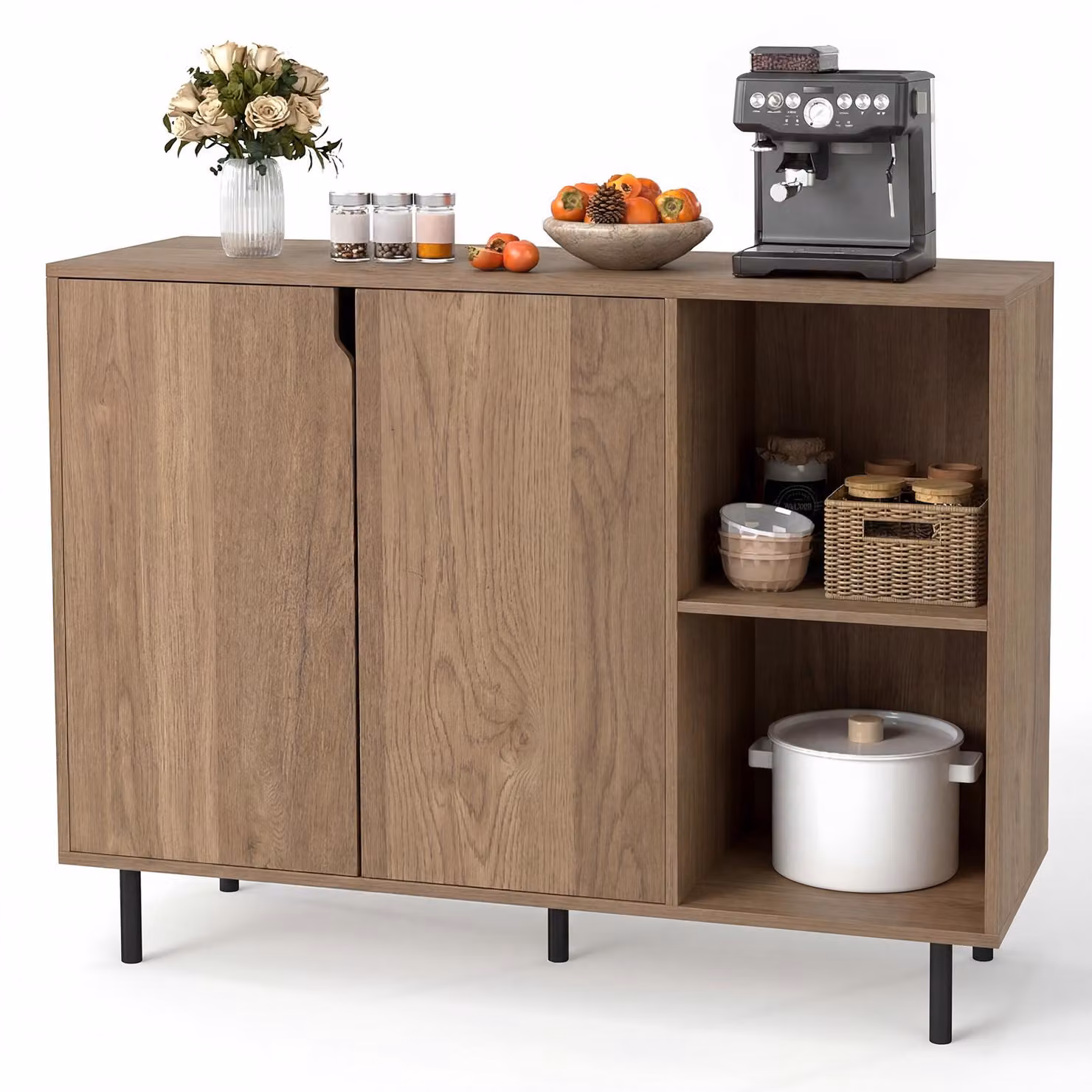 COSTWAY Credenza in legno, cassettiera con 4 scomparti e 2 ante, credenza, mobile da cucina, ripiani, armadio moderno, 106 x 38 x 80 cm, naturale