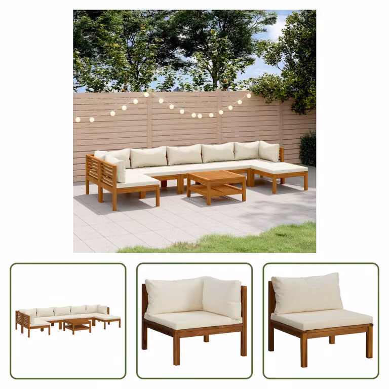The Living Store Set da giardino da 8 pezzi con cuscini crema Legno massiccio di acacia