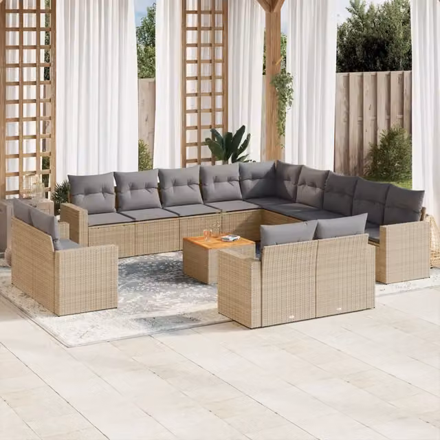 Set di Divani da Giardino a Forma di U VIDAXL in Polyrattan Beige con 14 Pezzi e Cuscini Inclusi