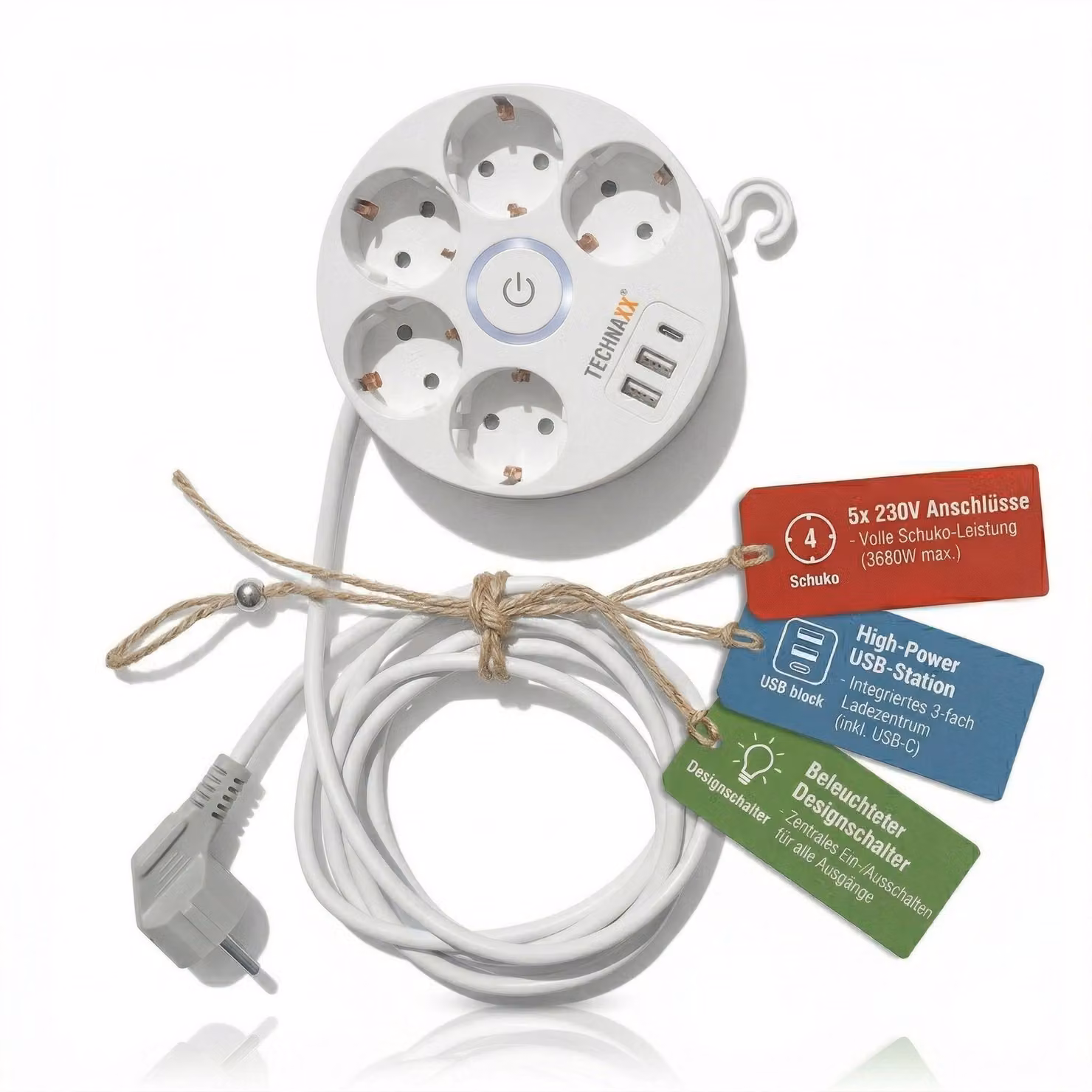 Technaxx TX-259 Avvolgicavo 5 prese da 230 V + 3 porte USB (USB-C) 3680 W, multipresa, bianco