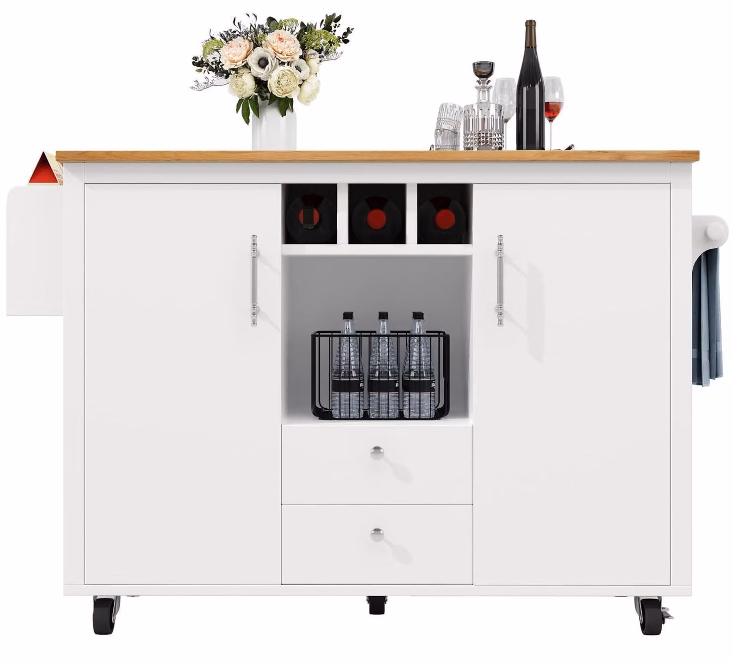 Isola da cucina con mobiletto buffet e piano di lavoro pieghevole, dimensioni 138x73x92 cm, colore bianco