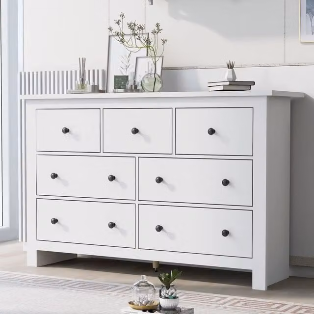 Credenza e madia con 7 cassetti, guide scorrevoli, stile francese per cucina e soggiorno, bianca, 152 × 40 × 89 cm