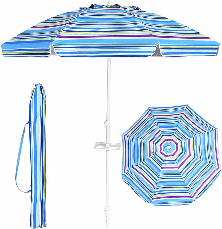 Ombrellone KOMFOTTEU da 200 cm, ombrellone da spiaggia con portabicchieri e borsa per il trasporto, inclinabile di 30° su entrambi i lati, ombrellone da balcone pieghevole con protezione solare, ombrellone da giardino per piscina, spiaggia e terrazza
