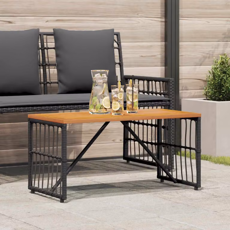 vidaXL Tavolo da esterno rettangolare in legno di acacia oliato e polyrattan, Colore nero e marrone, L: 80 cm, P: 40 cm, H: 40 cm