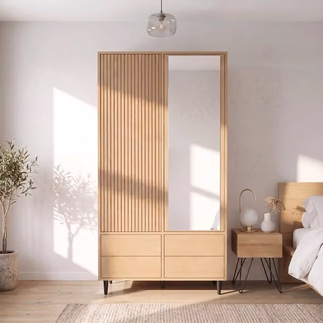 Armadio 2 ante 200 x 90 x 45 cm; specchio; 1 asta appendiabiti; 4 scomparti; 4 cassetti; effetto rovere