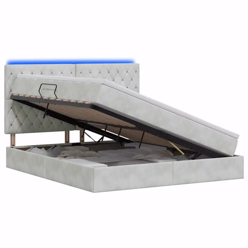 Letto con contenitore e illuminazione LED vidaXL in tessuto grigio, L/P/H: 144 x 204 x 128 cm – 2