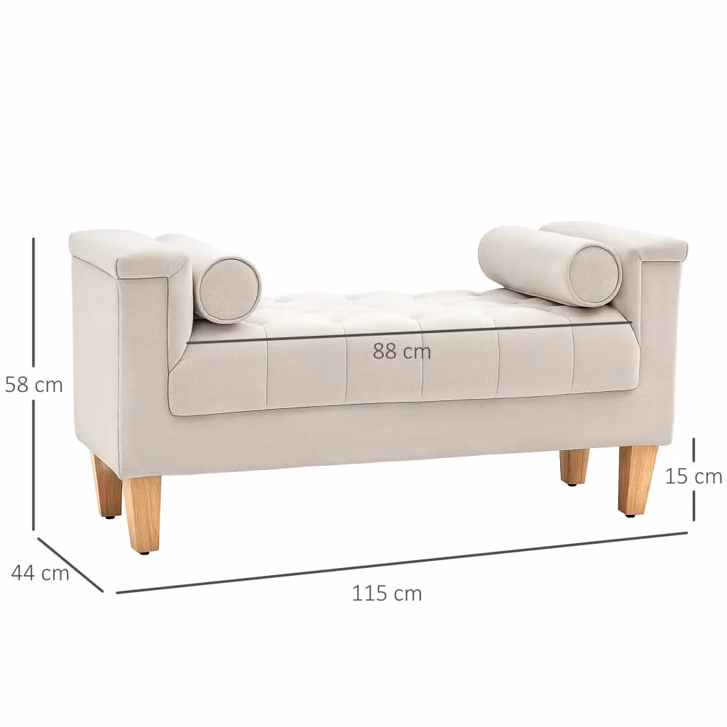 Panca imbottita WISHDOR in tessuto beige con struttura in legno e stile vintage, L: 150 cm, P: 44 cm, H: 58 cm – 2