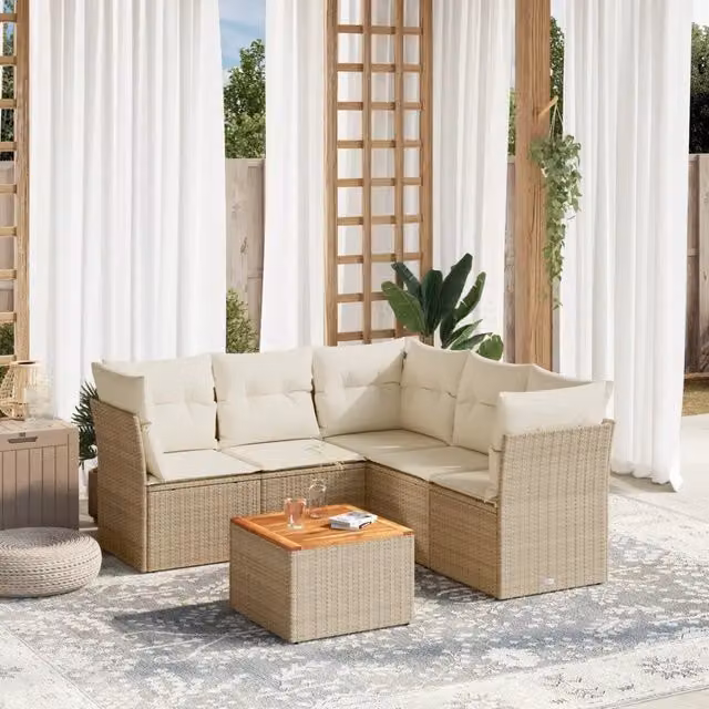 Set Divano da Giardino a L VIDAXL in Polyrattan Beige con 6 Cuscini Moderno