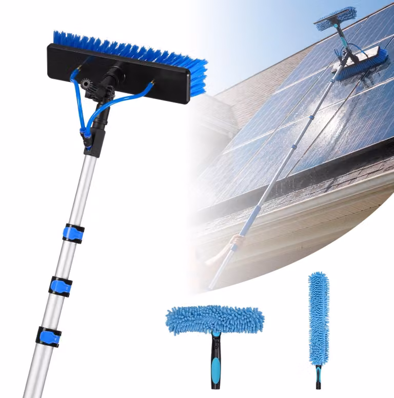 Spazzola telescopica per moduli solari/pannelli solari - Set di pulizia - Asta telescopica in alluminio 1,7–6 m - Tubo flessibile per l'acqua 20 m - Spazzola orientabile a 180° - Con spatola - Dosatore di sapone