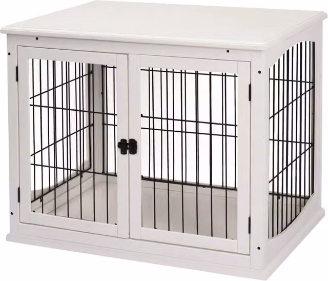 Casetta per cani da interno in legno, metallo e MDF, design moderno, colore bianco, L: 81 cm, P: 58,5 cm, H: 66 cm