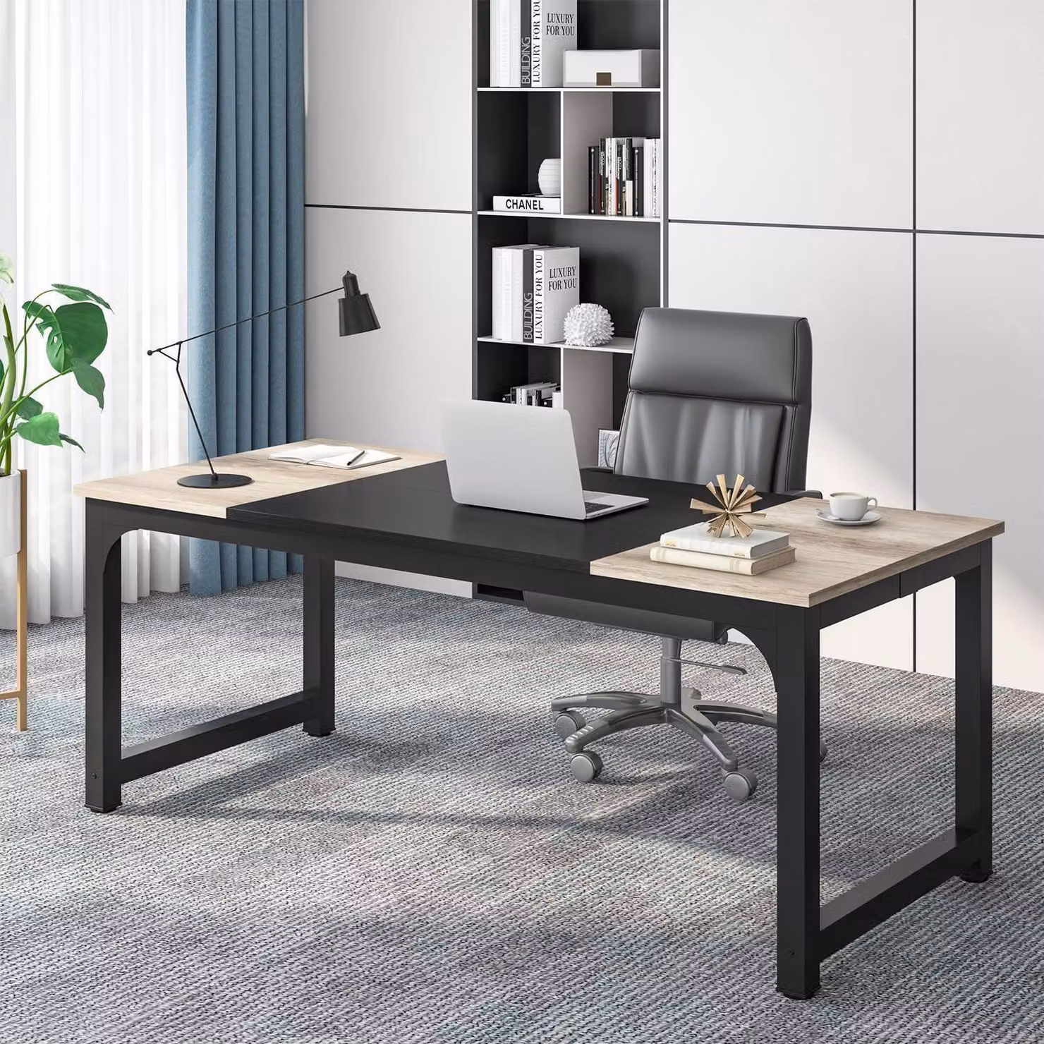 Scrivania, tavolo per computer, scrivania da lavoro, colore grigio/nero vintage, dimensioni 180 x 80 x 75 cm