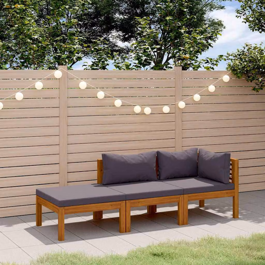 Set di divani da giardino vidaXL in legno massello di acacia con cuscini grigi, composizione a L con angolo e pouf