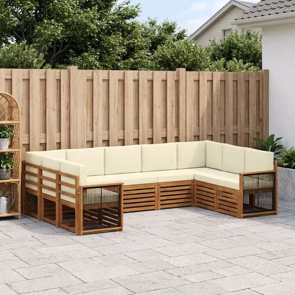 Set di divani da esterno vidaXL a forma di L composto da 7 pezzi in legno di acacia con cuscini in tessuto beige e crema