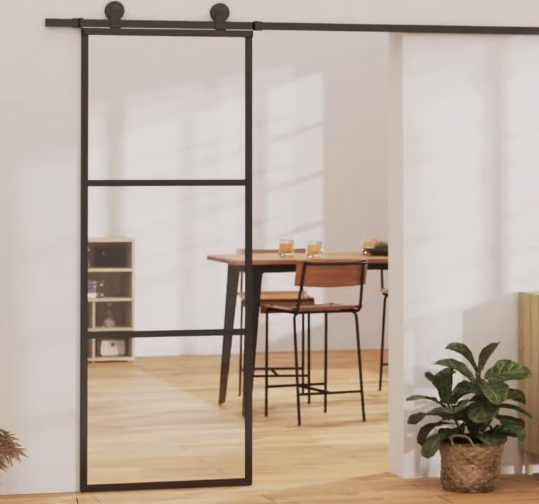 The Living Store Porta scorrevole ESG in vetro e alluminio 76x205 cm Nero