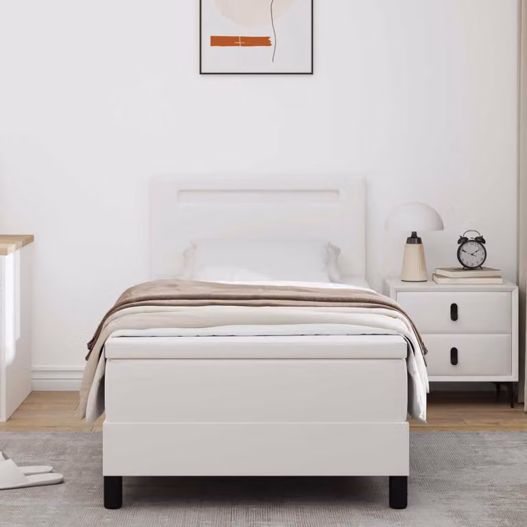 Letto con boxspring e strisce LED, colore bianco, dimensioni 100 x 200 cm, rivestito in ecopelle