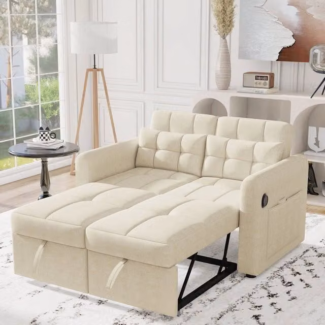 Divano convertibile 3 in 1 142x85x83 cm con schienale regolabile; USB; tasche e cuscini per braccioli; Soggiorno; Cotone e lino; Beige