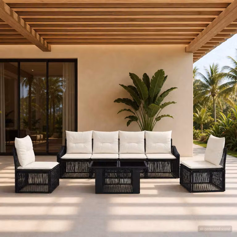 Set Divano da Giardino vidaXL 7 Pezzi Moderno in Polyrattan Nero e Bianco Crema con Tavolino e Cuscini Imbottiti