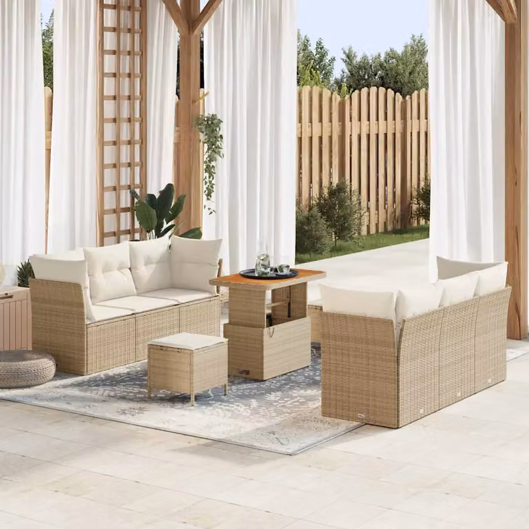 Set Divano da Giardino vidaXL 9 Pezzi Beige con Cuscini e Tavolino da Esterno in Polyrattan e Acciaio