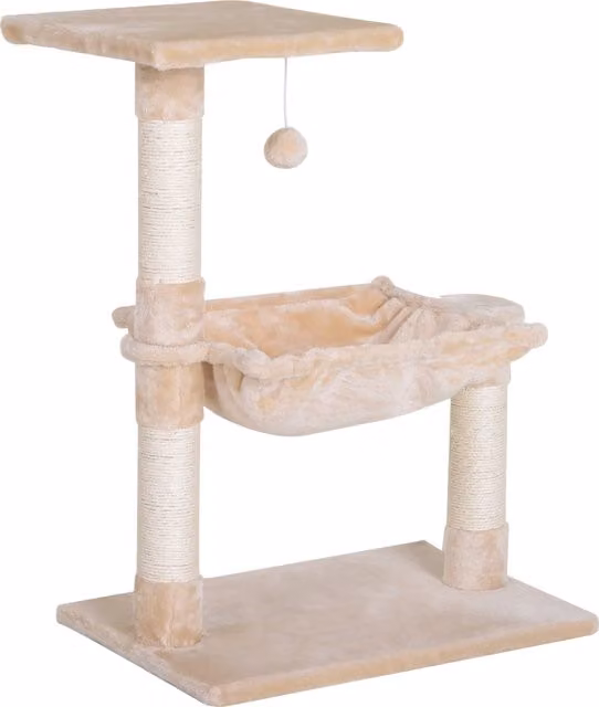 Torre per gatti PawHut con amaca e giocattoli integrati, in legno e peluche, beige, L: 50 cm, P: 36 cm, H: 70 cm, Aosom – 1