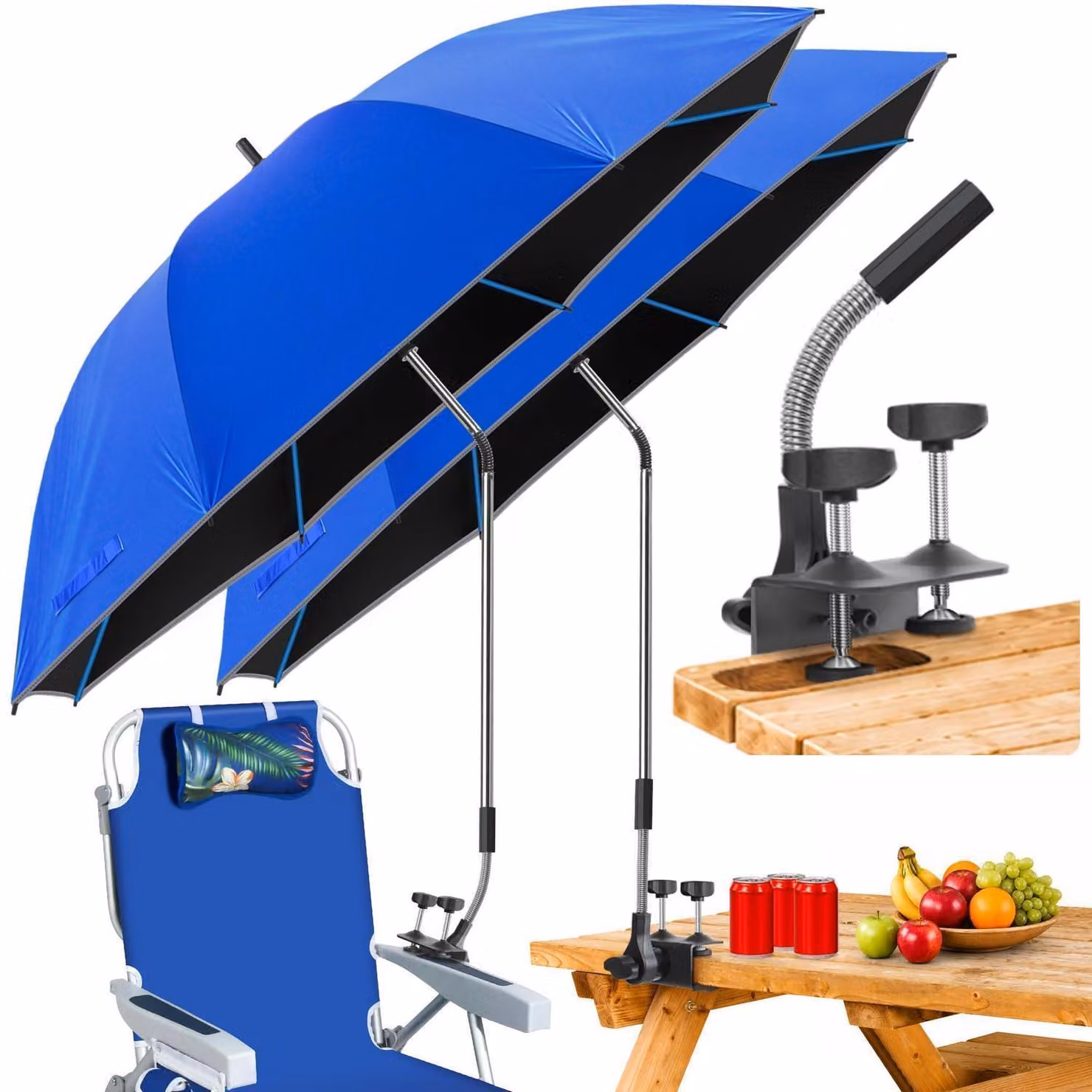 Ombrellone da giardino, 124 cm, confezione da 2, regolabile a 360°, protezione UV 50+, colore blu