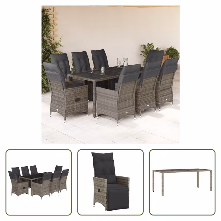 The Living Store Set bistrot da giardino 9 pezzi con cuscini in poly rattan grigio