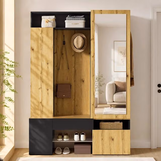 Desviae Mobile da ingresso con specchio intero appendiabiti e scarpiera con ripiani in MDF nero e naturale 127 × 35 × 180,5 cm